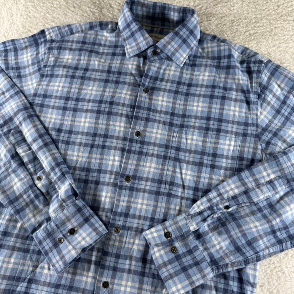 Peter Millar Men's Long Sleeve Button Up Collared Shirt Blue Plaid Check‎ Small